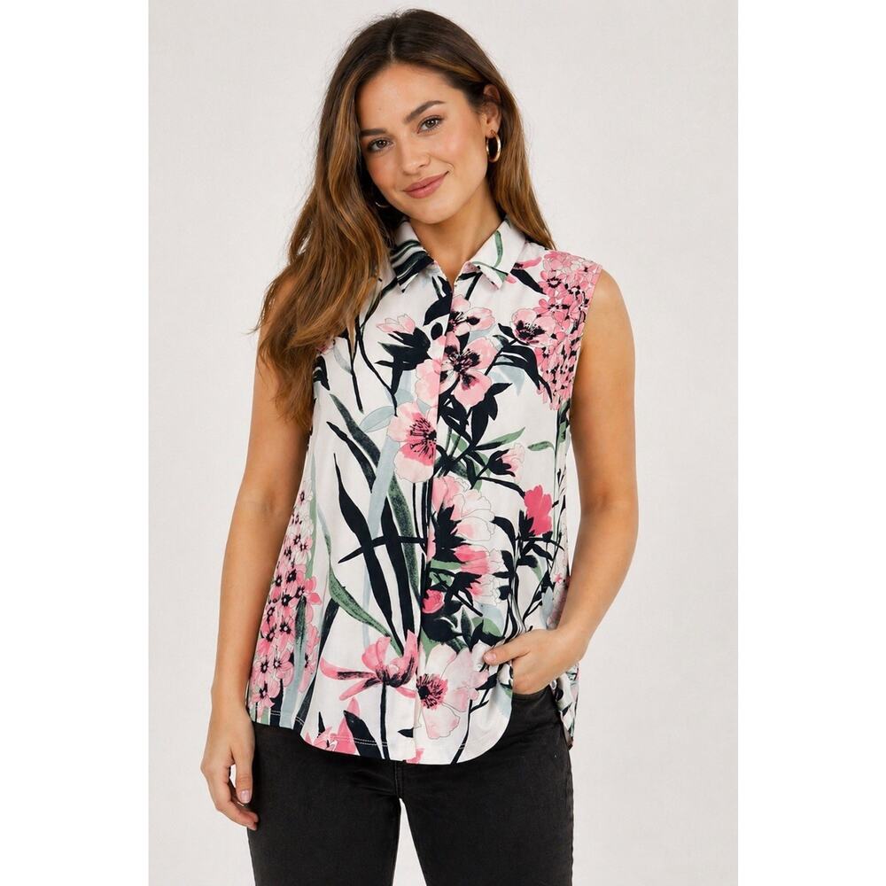 Tommy Hilfiger Floral Sleeveless Blouse M Half Zip Front Collared Top Pink Black